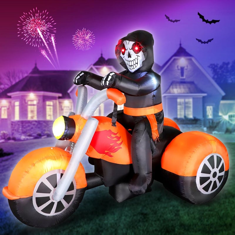 FunFanso 6 FT Halloween Inflatable Skeleton Ghost Riding on Motorcycle Bike, Blow Up Outdoor Decoration Clearance with Built-in LED Lights for Yard Garden Lawn Home Party Decorations - Image 1